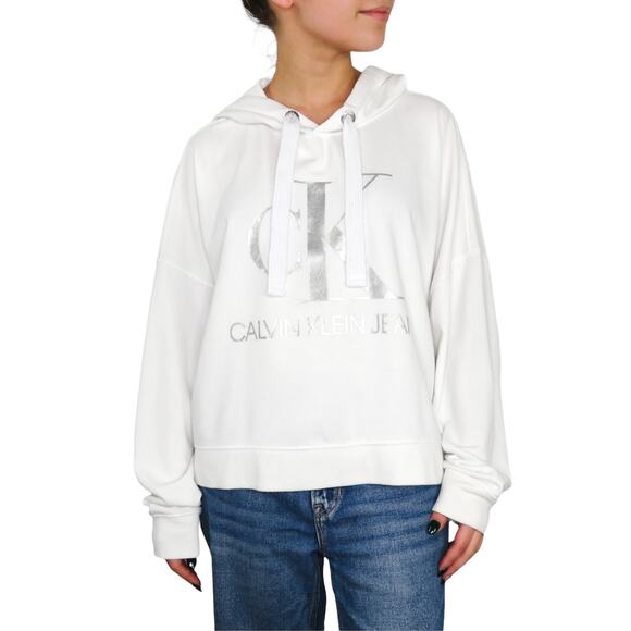 Calvin Klein White Graphic Logo Hoodie Silver Logo Metallic Large - Picture 1 of 6
